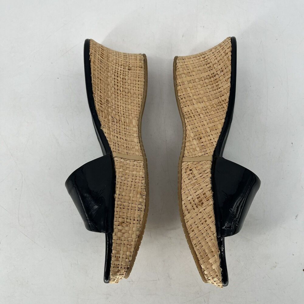 Stuart Weitzman Black Patent Wedge Slide Sandals Raffia Platform Women's 6.5 - Picture 3 of 9